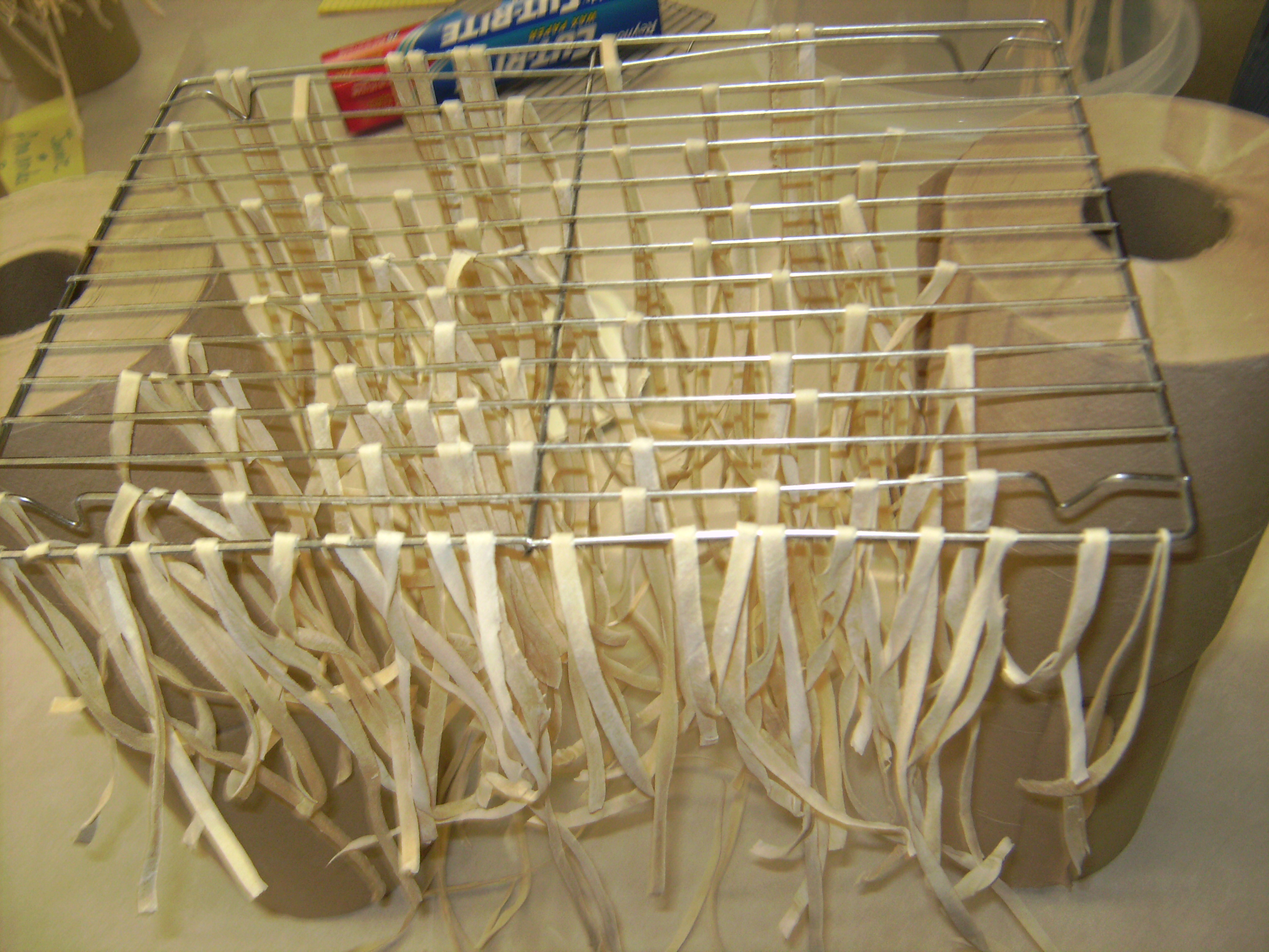 This is a make-shift Pasta Drying Rack Made from a Cooling Rack & Paper Towels